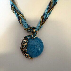 Blue Gold Tone Peacock Pendant Necklace Braided Beads Bohemian Statement NEW